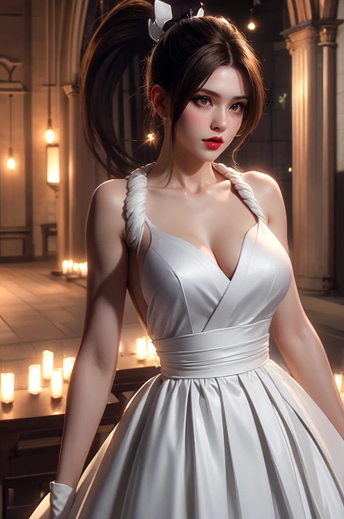 Ponytail Brown hair, Black eyes, makeup, lipstick, (wedding dress), half body, look at viewer, detailed, realistic, large breasts, marriage, Full body, (japanese face), maishiranuims, beautiful, MASTERPIECE, church