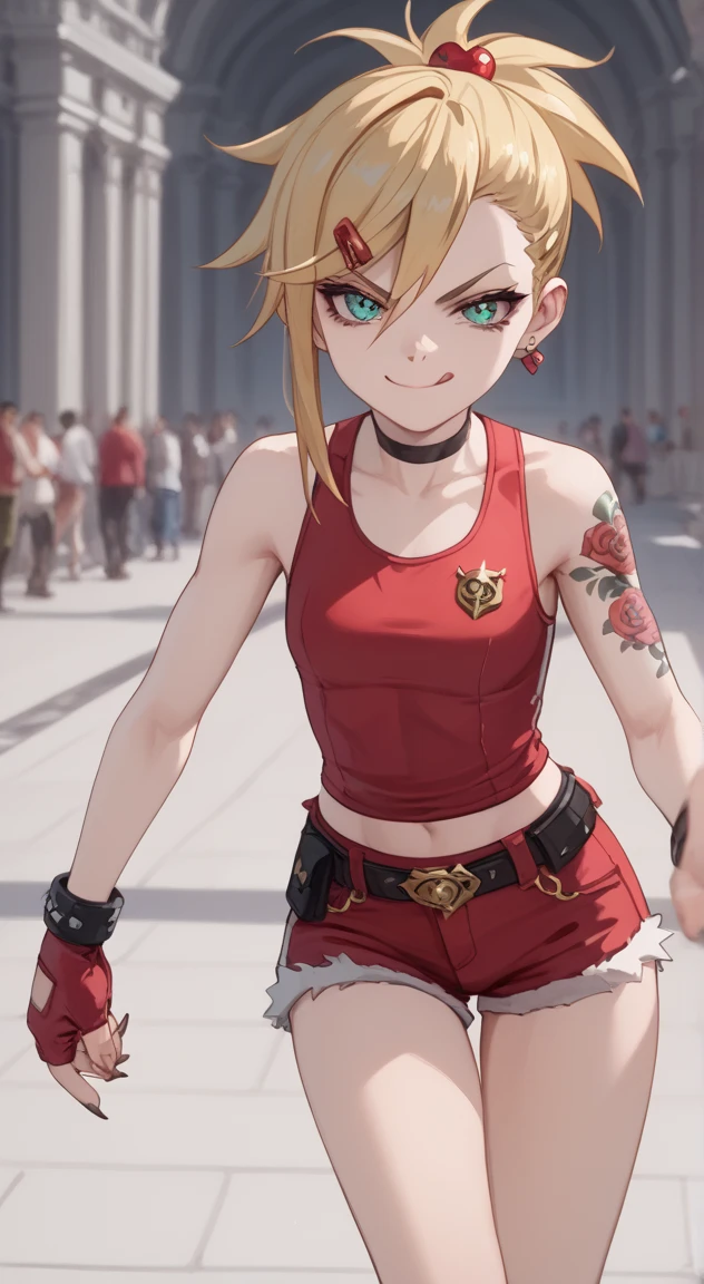 young girl, longue blonde hair, Hairpin with a bundle, turquoise eyes, Yakuza tattoos, red tight uniform, Sleeveless, Wide neckline on the chest to the abdomen, Gold Elements, Red gold armor, Shorts, claws, smirk, Masterpiece, hiquality, 4k, HD, Good detail