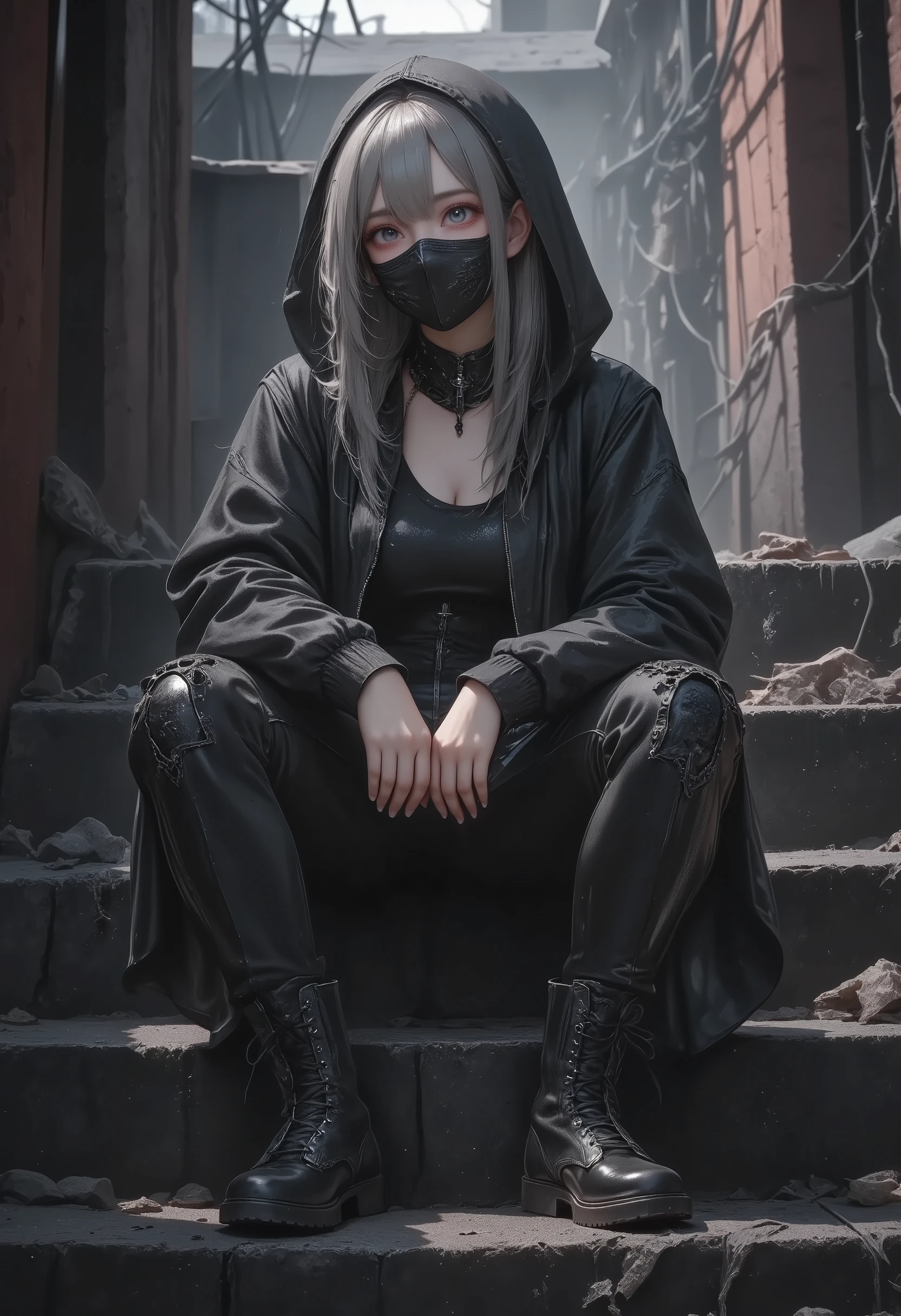 underground illustration,dark gothic style,realistic photo like,streetwear, girl, black hoodie, face mask,sitting on stairs, urban alley background, tactical boots, dystopian vibe, casual yet edgy, cyberpunk atmosphere, minimalist color scheme, mysterious expression, cross choker,grunge aesthetic, urban decay, subtle lighting, detailed shadows, cool and relaxed pose, cityscape wires, muted tones