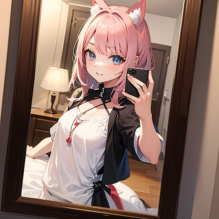 ((best qualtiy)), Beautiful portrait of a genki girl，Sweet girl，White hair，red color eyes，Japanese anime，adolable，Anime figure，show legs，expose feet，without wearing shoes，There is a computer on the pink table，Wear cat ear headphones，Facial shyness，White off-the-shoulder pajamas，flower pots，The overall environment is pink style，Otaku girl，At home，White transparent stockings，Don't look too leggy，white  clothes，get down on the bed，Feet up