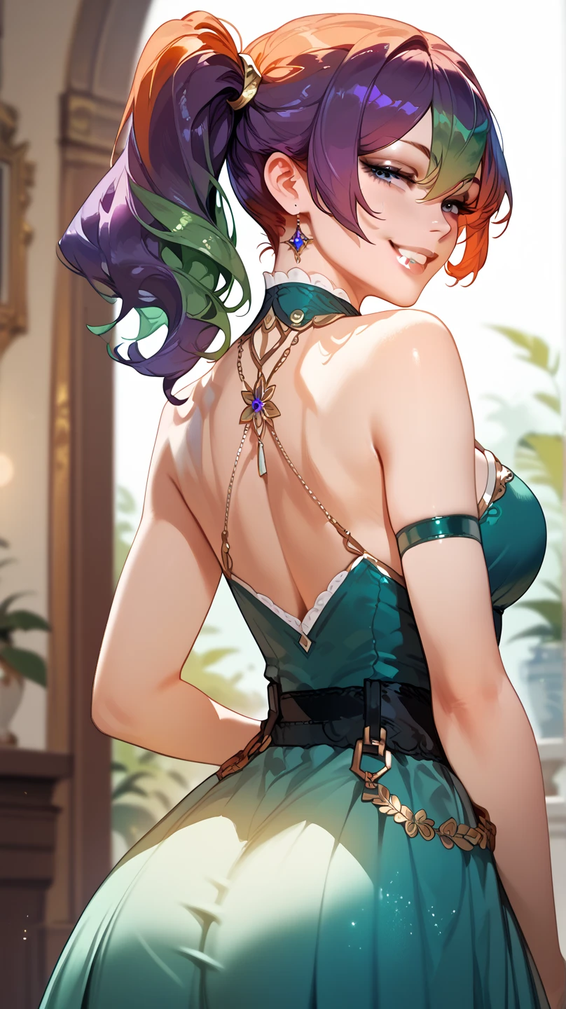  1 girl, Solo,  boobs,  Redhead, smile, tooth,Green hair, purple hair,side ponytail, looking back,Open back dress ,