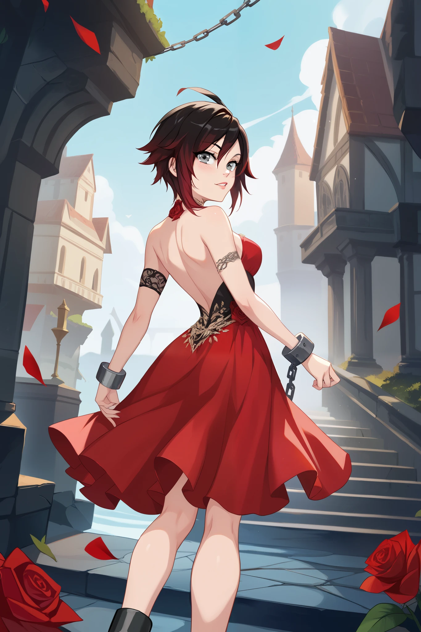 Ruby Rose, Ruby Rose,  corto,  Black hair, redhead, (grey eyes:1.5), back view, back overview 
Break dress, shackles, layer,
Break looking at viewer,
Break outdoors,
Break ( Masterpiece:1.2), Of the highest quality, high resolution, 8k unit wallpaper, (form:0.8), ( Fine and beautiful eyes :1.6),  very detailed face, perfect lighting, Highly detailed CG, (manos perfectas, perfect anatomy),