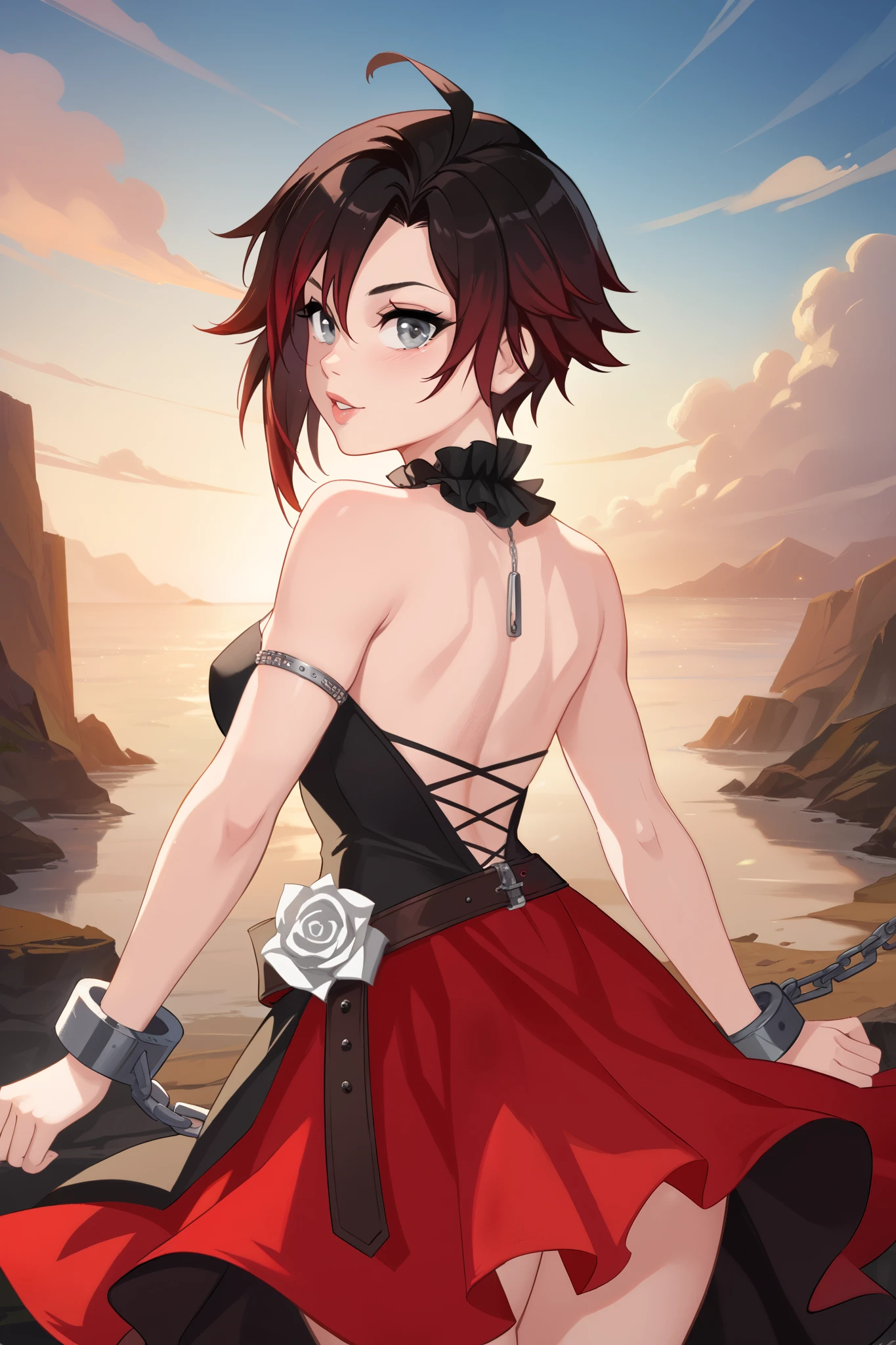 Ruby Rose, Ruby Rose,  corto,  Black hair, redhead, (grey eyes:1.5), back view, back overview 
Break dress, shackles, layer,
Break looking at viewer,
Break outdoors,
Break ( Masterpiece:1.2), Of the highest quality, high resolution, 8k unit wallpaper, (form:0.8), ( Fine and beautiful eyes :1.6),  very detailed face, perfect lighting, Highly detailed CG, (manos perfectas, perfect anatomy),