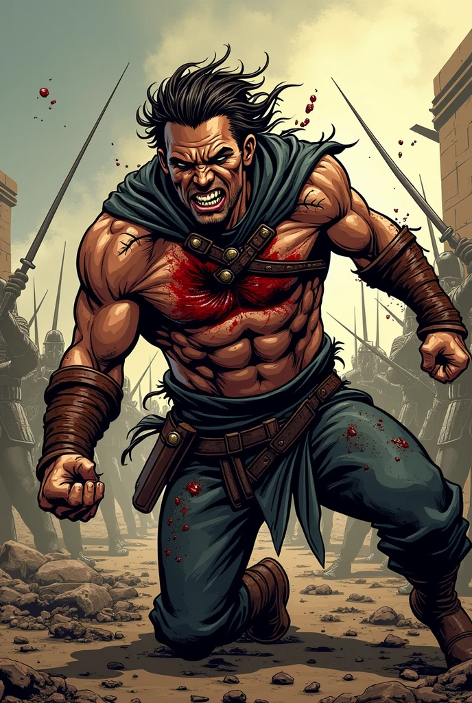 RPG, medieval fantasy illustration, giant, barbarian, muscles, two hand ax, splashed with blood, sinister smile, red eyes, on a camp on the desert