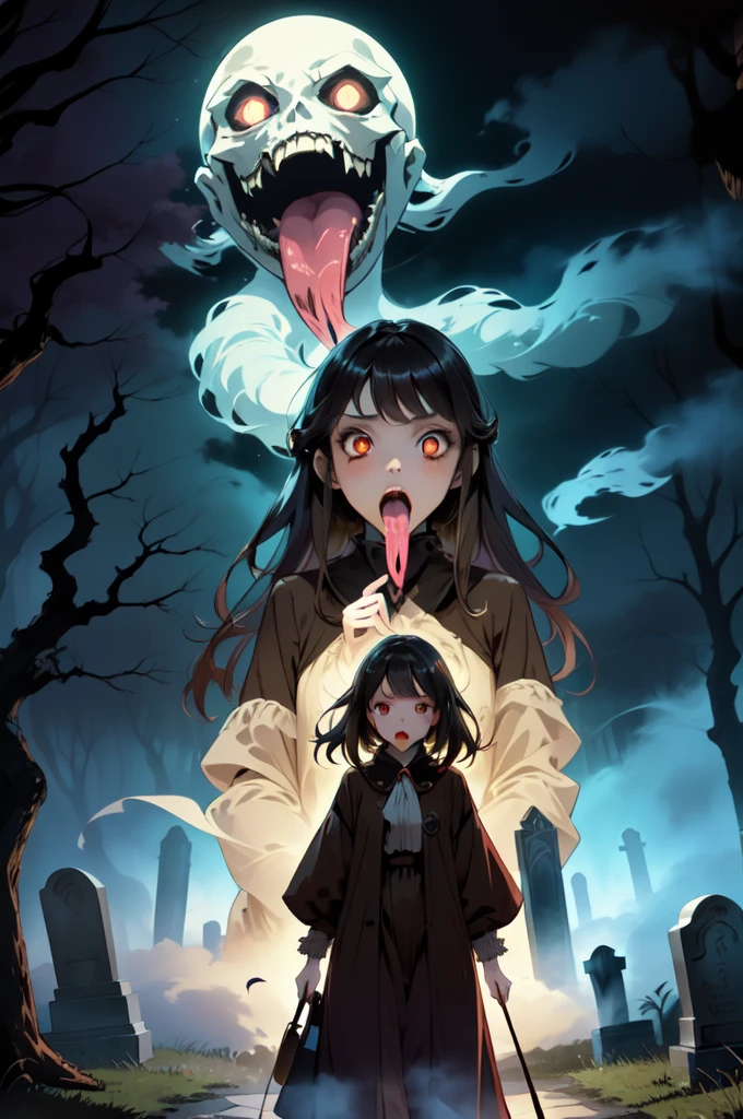 ((masterpiece)),((best quality)),8k,high detailed,ultra-detailed,illustration,(1girl:2),(gossghost),(long tongue),tongure out,(Creeping dread:1.2), (Haunting presence:1.1), (Forgotten graveyard), A forgotten and overgrown graveyard under a full moon, tombstones leaning at odd angles, the haunting presence of the long-tongued ghost, (Glowing runes:1.3), (Misty atmosphere), (Ancient crypts), A foreboding and spectral ambiance, (Sepia-toned nostalgia), (Ethereal mist), Unconventional composition, Smoke effects, Vintage film grain,