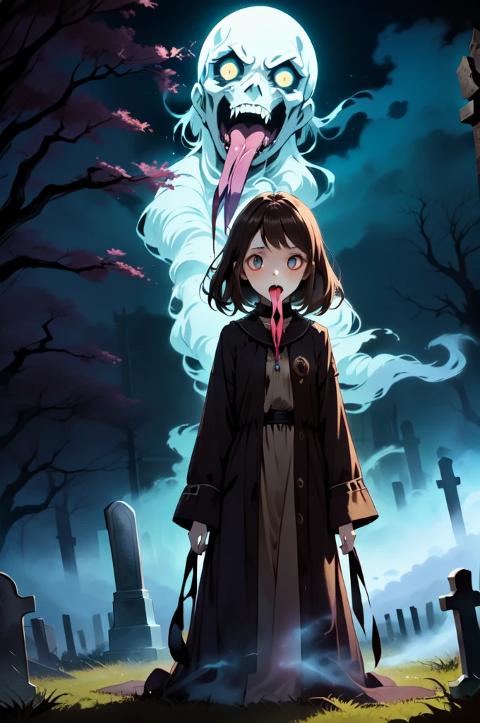 ((masterpiece)),((best quality)),8k,high detailed,ultra-detailed,illustration,(1girl:2),(gossghost),(long tongue),tongure out,(Creeping dread:1.2), (Haunting presence:1.1), (Forgotten graveyard), A forgotten and overgrown graveyard under a full moon, tombstones leaning at odd angles, the haunting presence of the long-tongued ghost, (Glowing runes:1.3), (Misty atmosphere), (Ancient crypts), A foreboding and spectral ambiance, (Sepia-toned nostalgia), (Ethereal mist), Unconventional composition, Smoke effects, Vintage film grain,