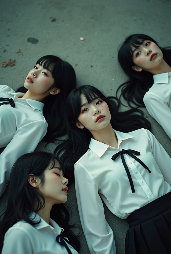 Group of school girls in white shirts and black skirts with long hair sitting on my body looking at me