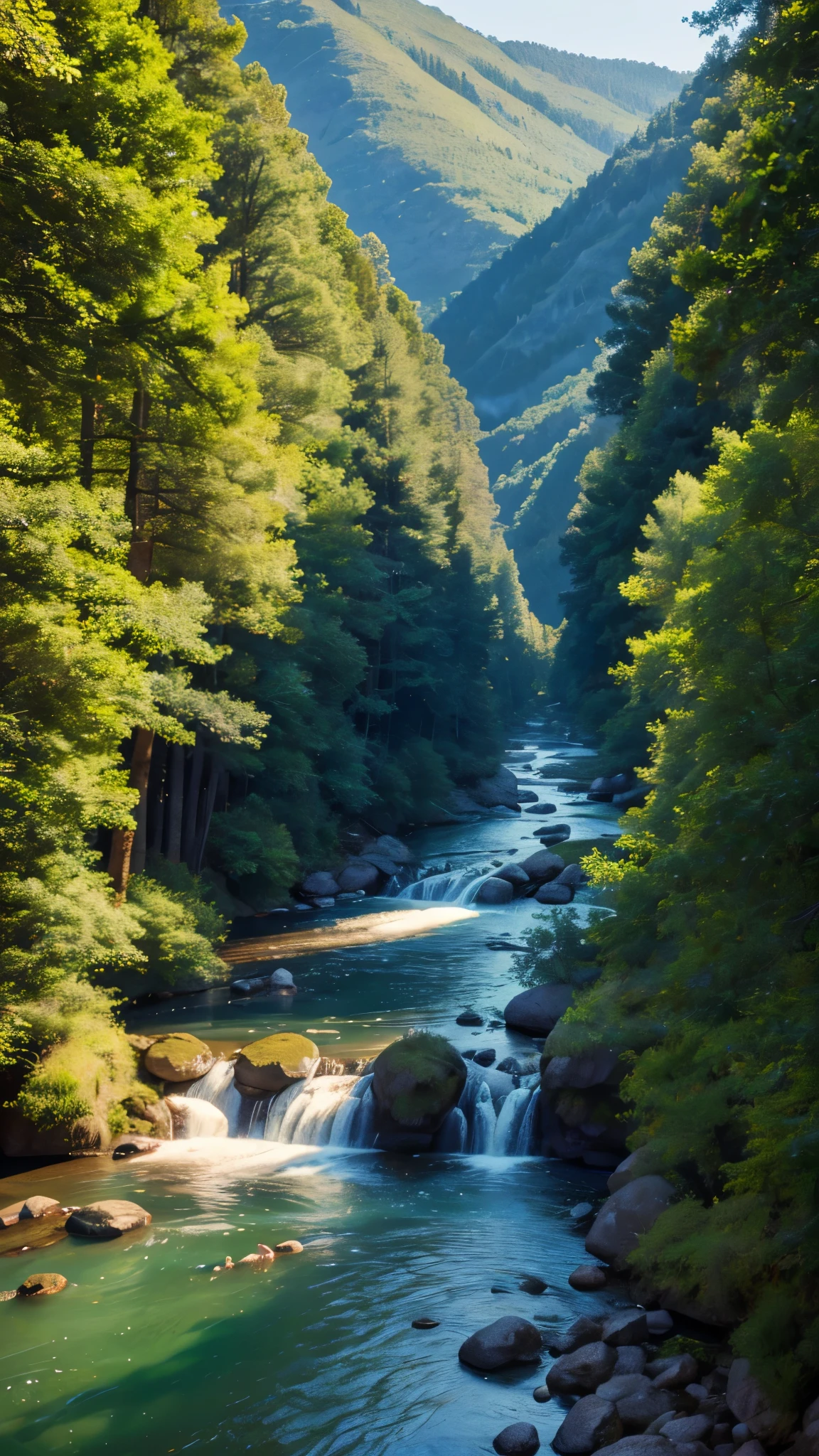 High Resolution, Masterpiece, High Quality, High Definition, Focus on Face of One Young Woman, Human Figure, Overlooking Large Forest from Back, Mountain Landscape, Forest, Nature, River