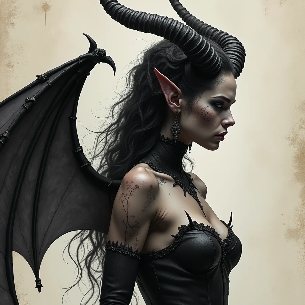 Top quality, masterpiece, pale skin (bloodless), face and silver tattoos, female demon wearing fancy and intricate clothes, western ancient fancy kingdom interior background, expressionless, wearing a silver crown, detailed image texture, creepy, scary, creepy atmosphere (not AI image), cloudy weather, low color image, creepy, delicate skin expression, rough texture image, image viewed from various angles, black wings, rough skin