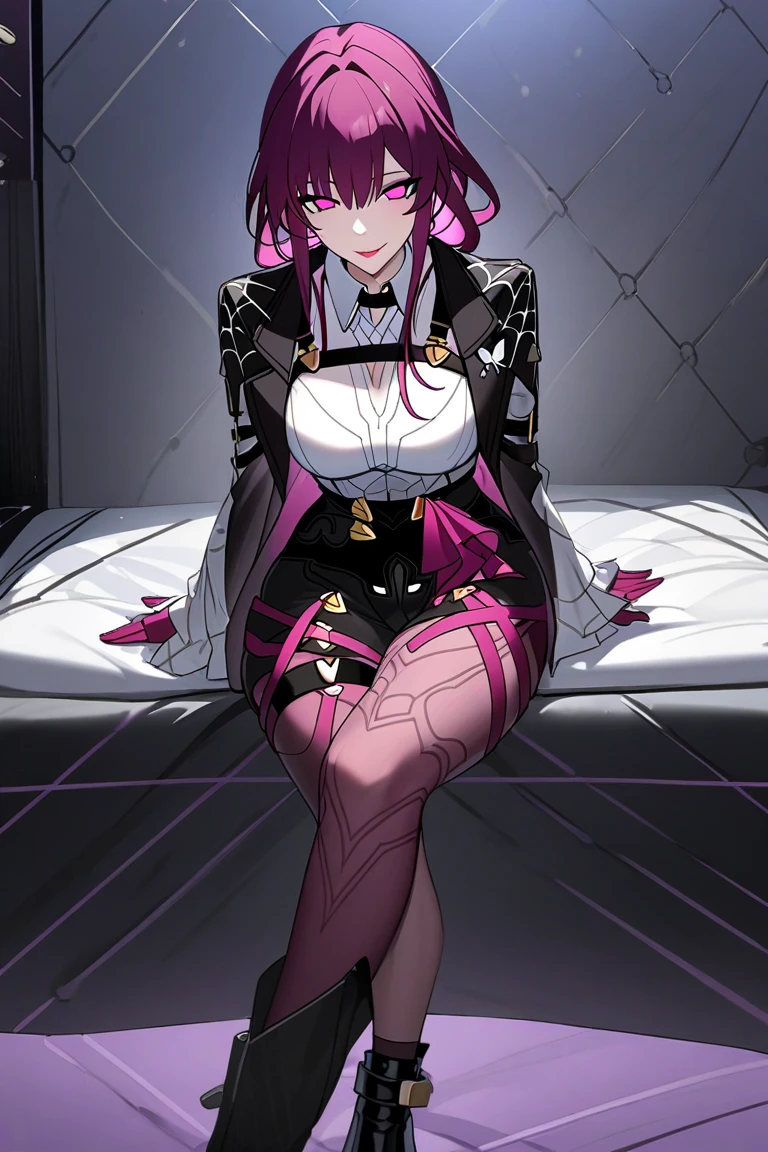 masterpiece, (detailed, highres, best quality), 1girl, kafkerdef, earrings, eyewear on head, sunglasses, white shirt, black jacket, long sleeves, purple gloves, shorts, pantyhose, thigh strap, seiza, arms behind head, bed