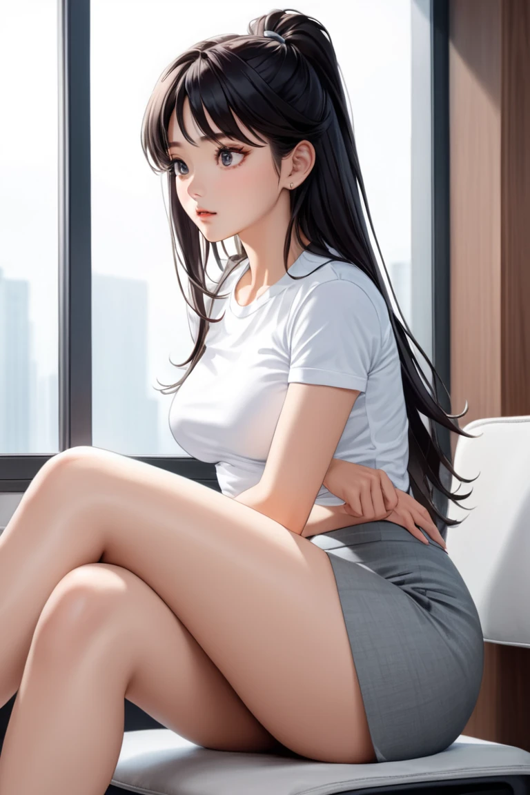 (Super detailed), masterpiece, (Best Quality), Real anime style, Detailed eyes, Detailed face, Detailed hands, Fine hair, One Girl, Black Hair, Long Hair, Half Up, Wife, White tee shirt, tight tee shirt, Grey mini skirt, black pantyhose, (pantyhose), thick thighs,  (medium Breasts), siitting near the window in the office, sit legs crossed, legs crossed, evening, View here