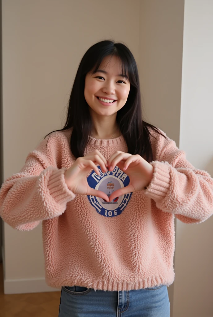 Only one person with a cute smile is cute,  Fluffy Sweater ,  make a big heart with both hands , Hold it in front of your chest , View above the collarbone、  The background is a pop t-shirt with New York , A photo of Joe Biden
,Joe Biden
