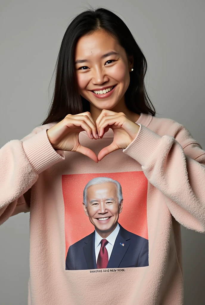 Only one person with a cute smile is cute,  Fluffy Sweater ,  make a big heart with both hands , Hold it in front of your chest , View above the collarbone、  The background is a pop t-shirt with New York , A photo of Joe Biden
,Joe Biden
