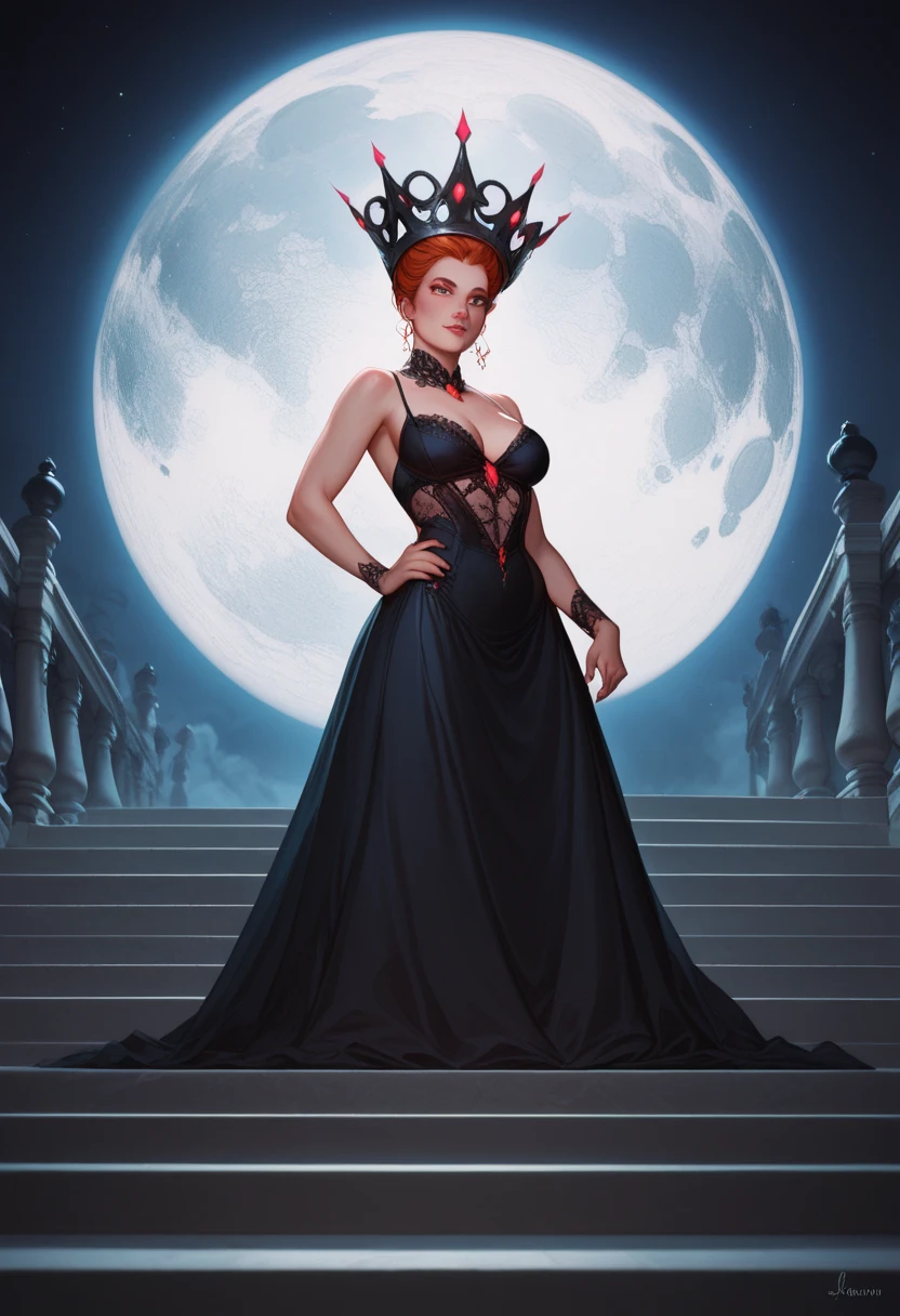 Create a haunting, atmospheric night scene featuring a mysterious, towering figure of a queen or spectral woman standing on a staircase, silhouetted against an ominous, glowing full moon. The character wears an elaborate, dark gown with intricate lace details, and her head is adorned with a spiked crown. She is shrouded in shadow, with her facial features obscured, adding to the eerie, ghostly presence.