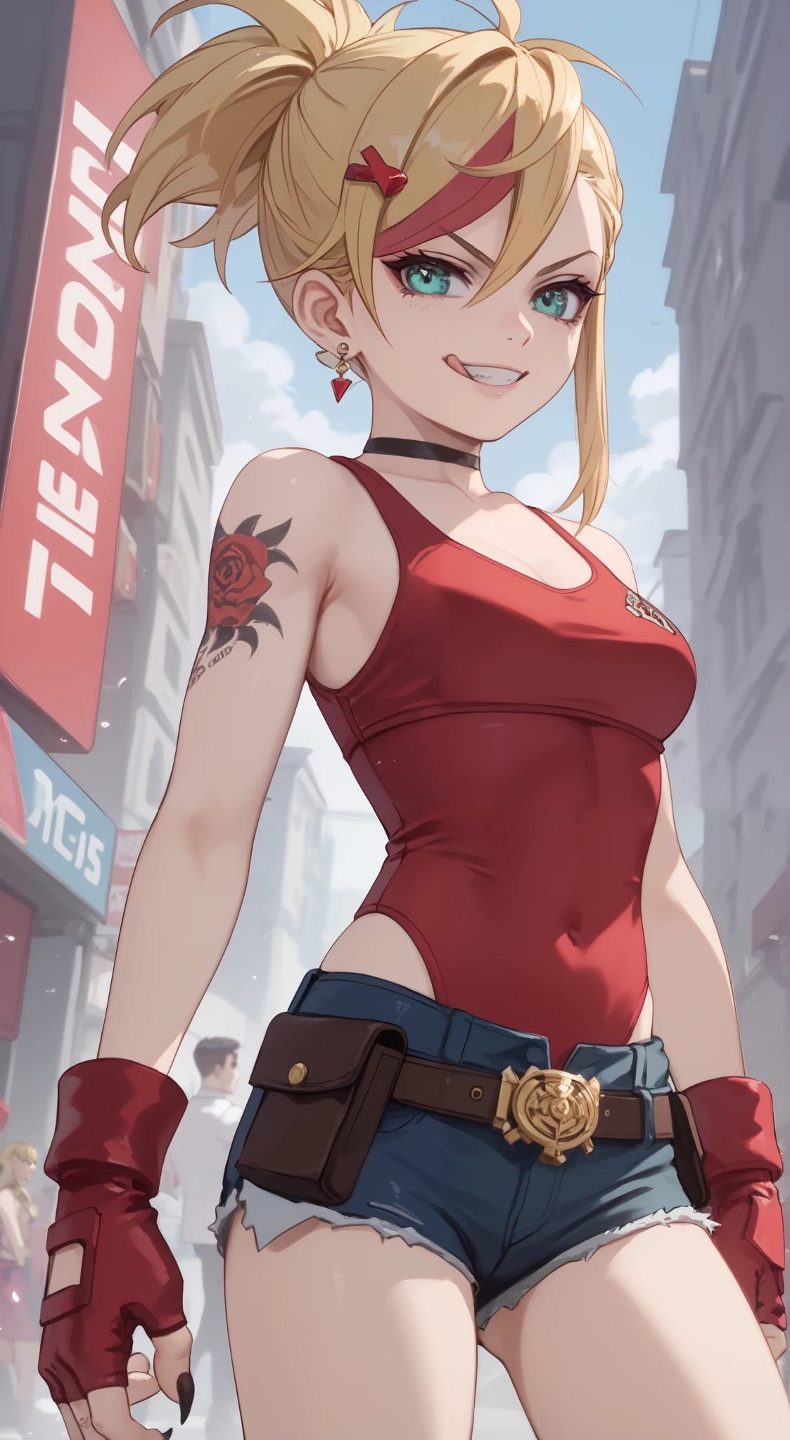 young girl, longue blonde hair, Hairpin with a bundle, turquoise eyes, Yakuza tattoos, red tight uniform, Sleeveless, Wide neckline on the chest to the abdomen, Gold Elements, Red gold armor, Shorts, claws, smirk, Masterpiece, hiquality, 4k, HD, Good detail