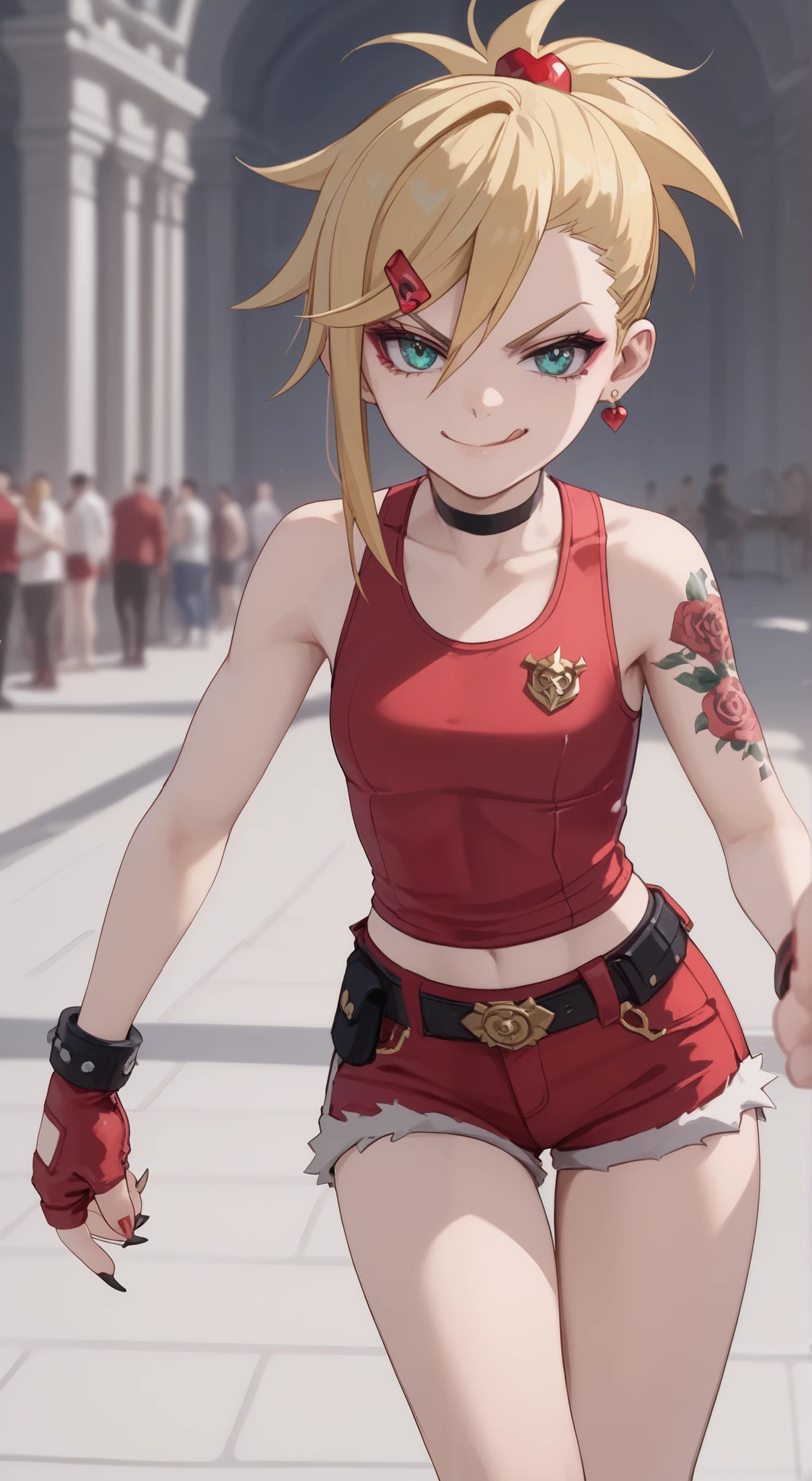 young girl, longue blonde hair, Hairpin with a bundle, turquoise eyes, Yakuza tattoos, red tight uniform, Sleeveless, Wide neckline on the chest to the abdomen, Gold Elements, Red gold armor, Shorts, claws, smirk, Masterpiece, hiquality, 4k, HD, Good detail