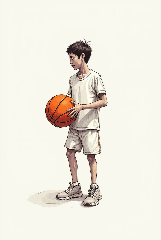 Pencil drawing of a boy taking communion standing up, rosary around the neck, panatalon beige, White shirt, Brown shoes, with a basketball under his arm. Looking at the sky. Natural background