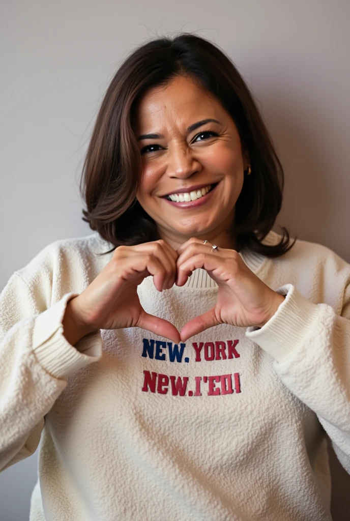 Only one person with a cute smile is cute,  Fluffy Sweater ,  make a big heart with both hands , Hold it in front of your chest , View above the collarbone、  The background is a pop t-shirt with New York , A photo of Joe Biden
,Joe Biden,Kamala Harris
