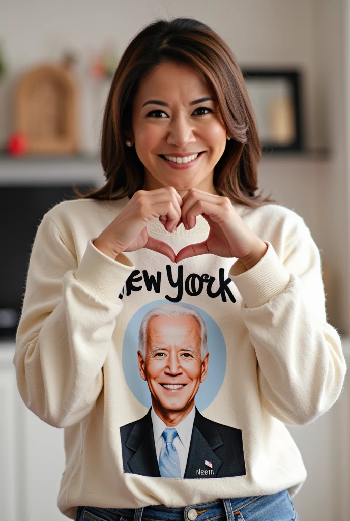 Only one person with a cute smile is cute,  Fluffy Sweater ,  make a big heart with both hands , Hold it in front of your chest , View above the collarbone、  The background is a pop t-shirt with New York , A photo of Joe Biden
,Joe Biden,Kamala Harris
