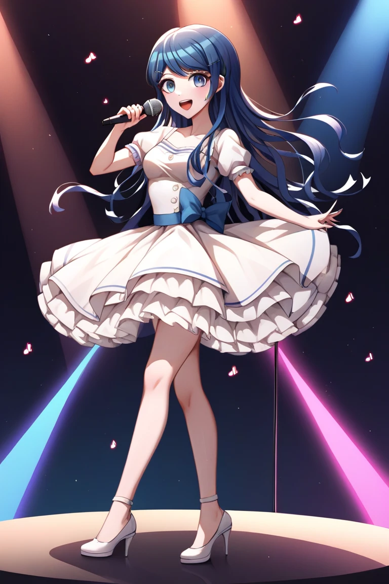 score_9, score_8_up, score_7_up, score_6_up, score_5_up, score_4_up, BREAK source_anime, Maizono Sayaka, Danganronpa, blue hair, long hair, blue eyes, hair ornament, blue hair, hairclips, cute idol dress, open mouth, super happy smiling, singing, dancing, holding microphone, live stage, neon light, full body, masterpiece, best quality, very aesthetic, ultra detailed,