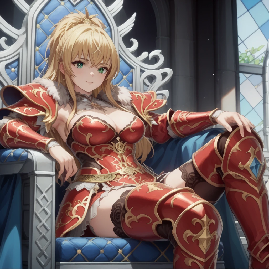  score_9, score_8_up, score_7_up, score_6_up, score_5_up, score_4_up, 1girl, blonde hair, long hair, green eyes, red armor, blue shoulder、 cute、 anime style、Throne, golden light falls from the sky、The mythical １scene