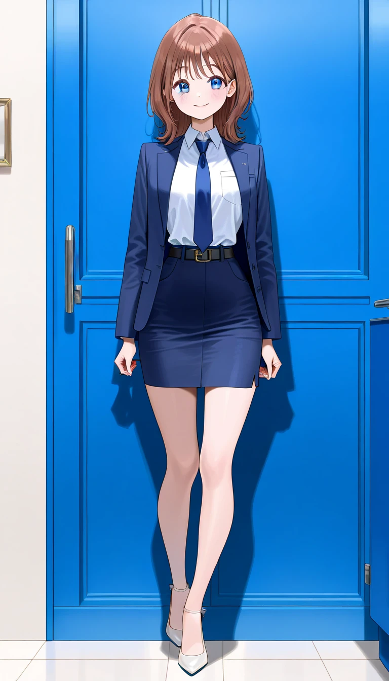 Mahoko Mochida、Brown Hair、Tea pupil、Middle hair、 Friendly Smiles 、Blue Eyes、 full body style that reflects your whole body、Normal milk、 narrow waist 、Bare legs、 in a suit、 navy blue jacket , collared shirt 、 white shirt、 blue tie,belt, navy blue mini pencil skirt, black tights、White pumps、Anime Images、