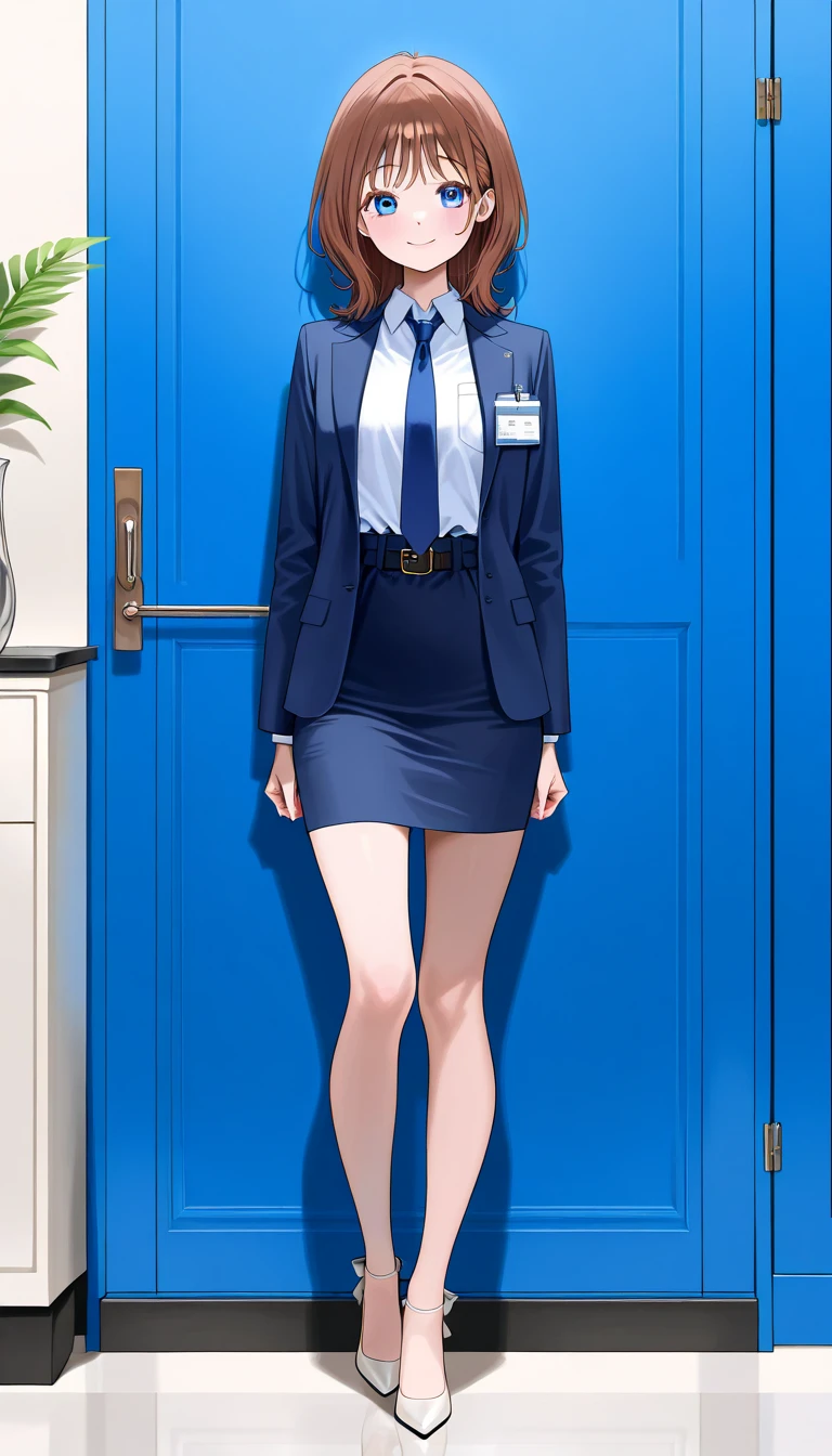 Mahoko Mochida、Brown Hair、Tea pupil、Middle hair、 Friendly Smiles 、Blue Eyes、 full body style that reflects your whole body、Normal milk、 narrow waist 、Bare legs、 in a suit、 navy blue jacket , collared shirt 、 white shirt、 blue tie,belt, navy blue mini pencil skirt, black tights、White pumps、Anime Images、