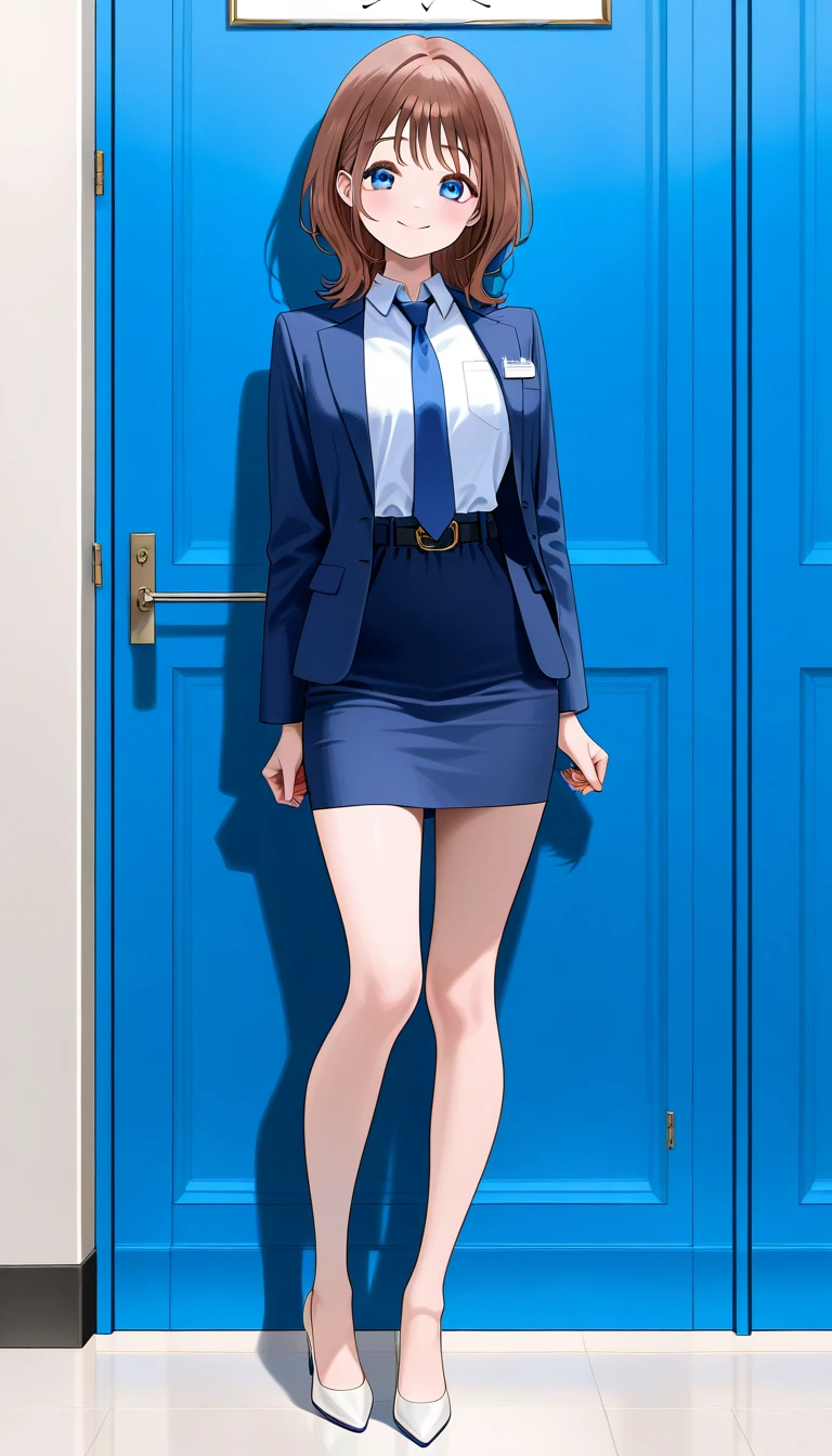 Mahoko Mochida、Brown Hair、Tea pupil、Middle hair、 Friendly Smiles 、Blue Eyes、 full body style that reflects your whole body、Normal milk、 narrow waist 、Bare legs、 in a suit、 navy blue jacket , collared shirt 、 white shirt、 blue tie,belt, navy blue mini pencil skirt, black tights、White pumps、Anime Images、