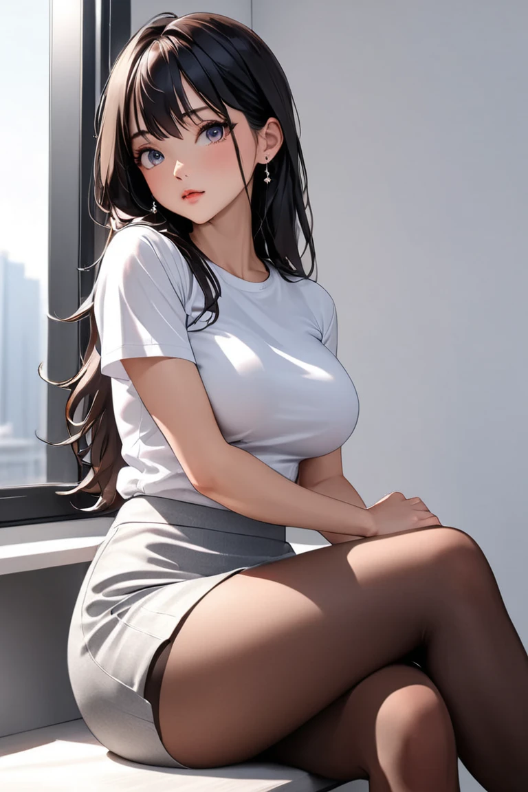 (Super detailed), masterpiece, (Best Quality), Real anime style, Detailed eyes, Detailed face, Detailed hands, Fine hair, One Girl, Black Hair, Long Hair, Half Up, Wife, White tee shirt, tight tee shirt, Grey mini skirt, black pantyhose, (pantyhose), thick thighs,  (medium Breasts), siitting near the window in the office, sit legs crossed, legs crossed, evening, View here