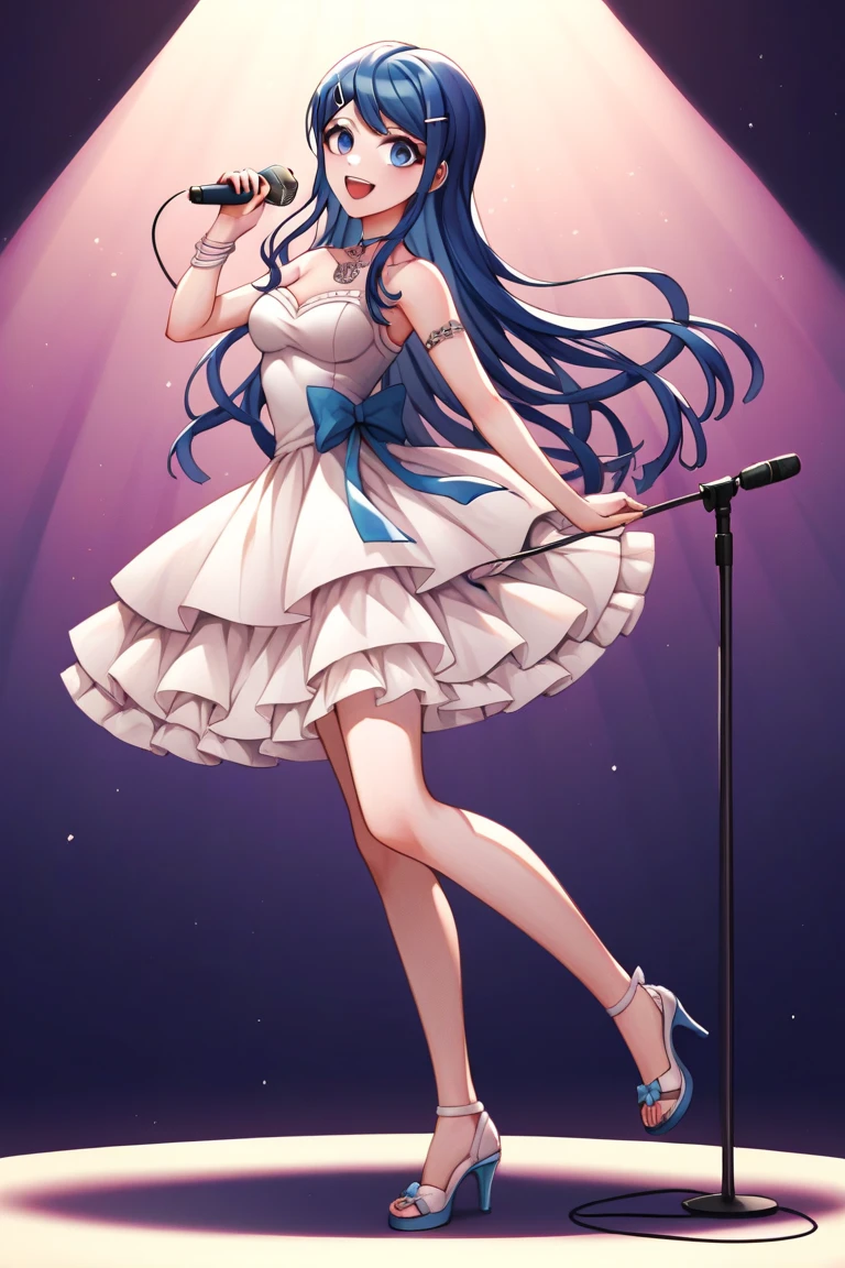 score_9, score_8_up, score_7_up, score_6_up, score_5_up, score_4_up, BREAK source_anime, Maizono Sayaka, Danganronpa, blue hair, long hair, blue eyes, hair ornament, blue hair, hairclips, cute idol dress, open mouth, super happy smiling, singing, dancing, holding microphone, live stage, neon light, full body, masterpiece, best quality, very aesthetic, ultra detailed,