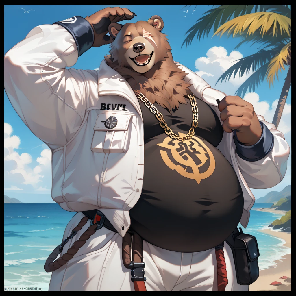 realistic, realistic fur, photorealistic, detailed fur, detailed eyes, detailed, animal, anthro, furry,  BenBigger, facial scar, smile, obese, huge belly, pose, posing, sexy pose, pinup, chain necklace, white jacket, black shirt, white pants, yawn