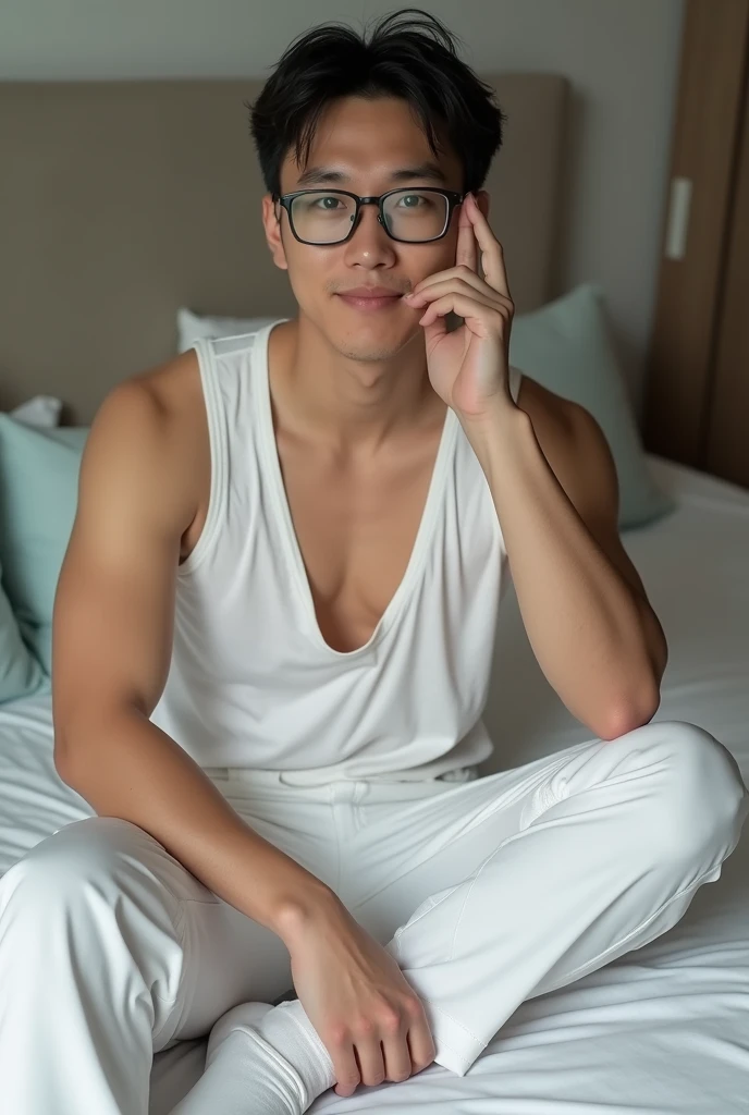 Andrew thomas huang, oval face, eyeglasses, neat muscular, lying, (head on pillow), bedroom, dark room, full body