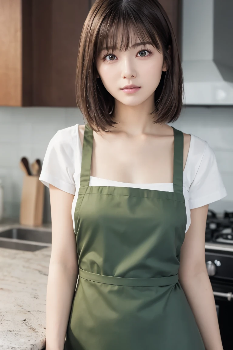 Red Eyes, girl, Holding a knife, Chartreuse striped shirt，Thicker stripes, Red Eyes闪着红光, Head tilt, Brown short hair mushroom head, With a big smile on your face, Chara, 2D, Standing among golden flowers，There is a beam of light overhead