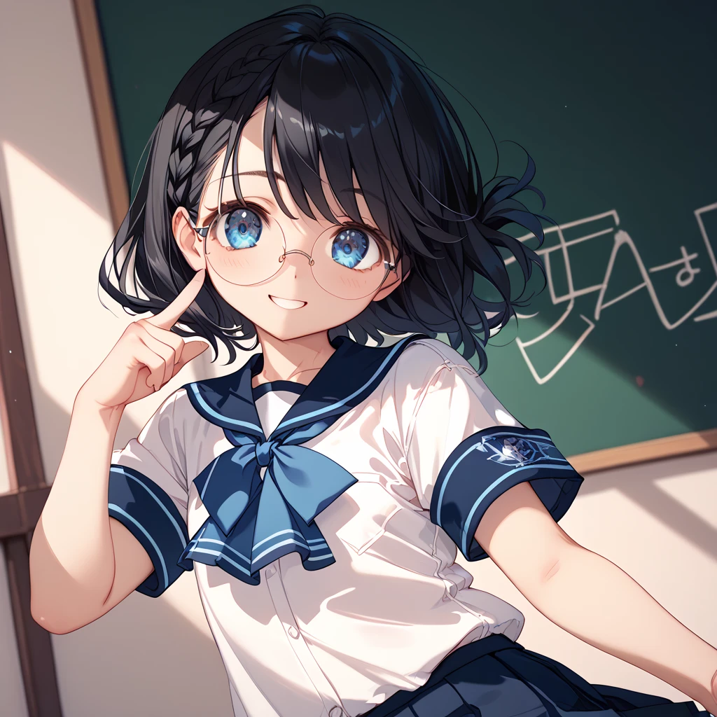 Smile、Black Hair、 braids 、Round Glasses、 1 girl,  big eyes、 in the classroom、White shirt、Navy blue tie、navy blue pleated skirt、dark blue armband 、 point your index finger here、