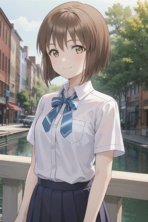 ( top quality, masterpiece:1.2),  1 girl, Alone, cute,  viewers who stop at the edge, smile,  upper body, null,  outdoor,  Closed Her Mouth ,  short hair, tree,  bob cut,  brown hair ,  asymmetrical hair , college uniform ,  yellow ribbon,  brown eyes   ,    brown hair ,    short hair