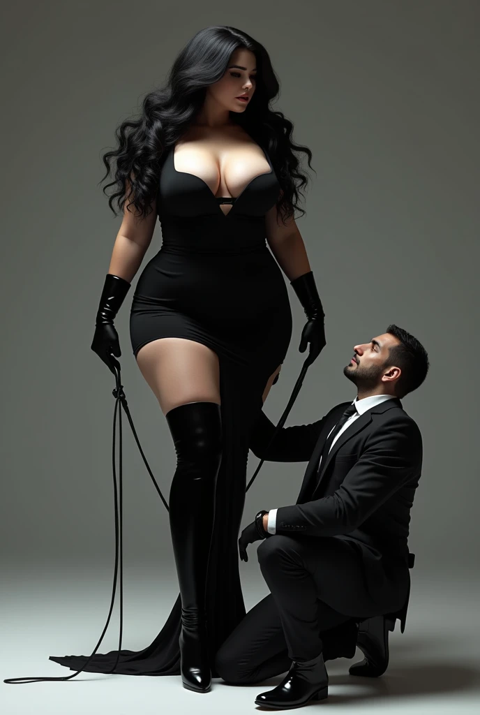 (photorealism:1.2) . beautiful plus size dark chocolate skinned tone melanin women, with long flowing black hair bbw plus size curvaeous woman radiating authority ,A woman in long boots, black dress and black gloves holding another kneeling white man in formal clothes on a leash, 
