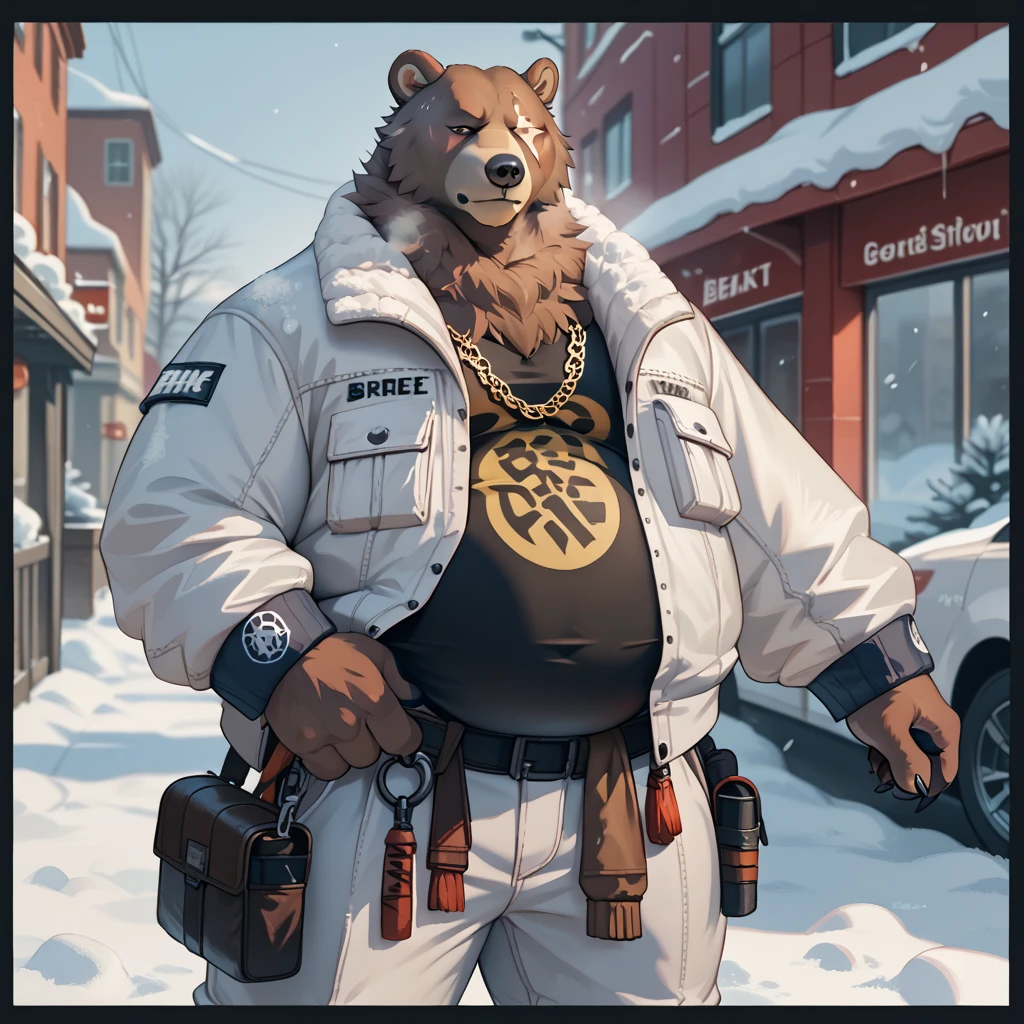 realistic, realistic fur, photorealistic, detailed fur, detailed eyes, detailed, animal, anthro, furry,  BenBigger, facial scar, obese, huge belly, pose, posing, sexy pose, pinup, chain necklace, white jacket, black shirt, white pants, winter, standing in the middle of the street, snow, cold, heavy breathing