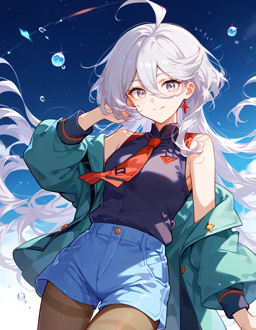 (((highest quality, perfect anatomy))), at loof, from bellow, smile, miorine rembran, ahoge, grey eyes, grey hair, hair between eyes, long hair, swept bangs, sleeveless,
asticassia school uniform, front-seamed legwear, green jacket, tight mini skirt, jacket, pantyhose, pantyhose under shorts, swept bangs, standing, wavy,