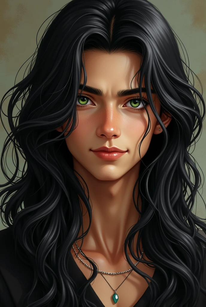 A male with long black hair, lean body type, emerald green eyes,