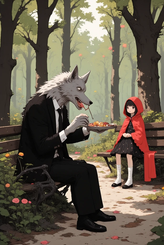 (werewolf\(silver wolf,bald head, muzzle, fang,sharp teeth,long nail, wolf body,aged, tired, businessman, worn-out suit, wear glasses,silver fur\) eating lunch at the bench in a park).(little red riding hood\(wearing red-hood,cute girl, from fairy-tail\) sitting next to him boreing). The park is a nice day and families are playing. safe for work.great focus at werewolf, bokeh,niji style