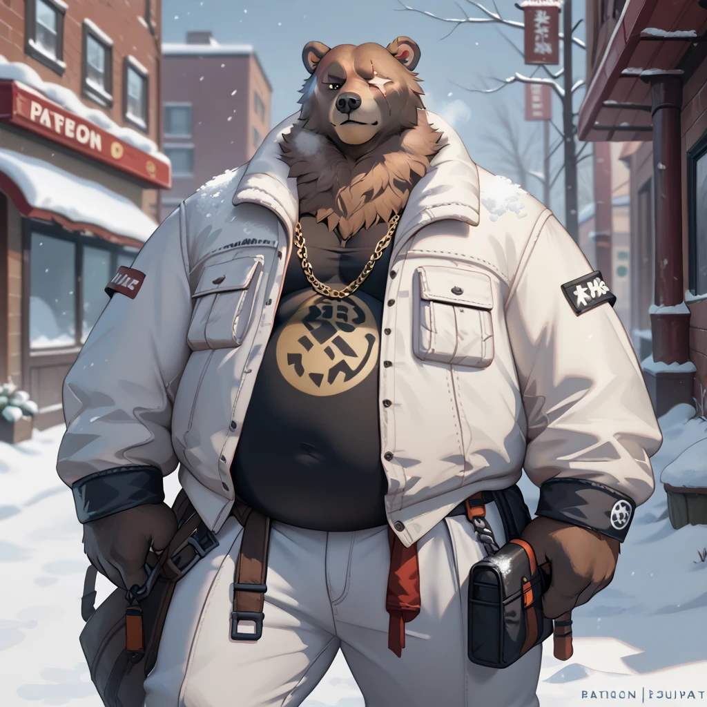 realistic, realistic fur, photorealistic, detailed fur, detailed eyes, detailed, animal, anthro, furry,  BenBigger, facial scar, obese, huge belly, pose, posing, sexy pose, pinup, chain necklace, white jacket, black shirt, white pants, winter, standing in the middle of the street, snow, cold, heavy breathing