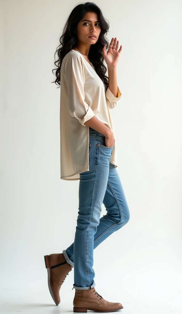 create a side view of a young , modern & beautiful indian model girl wearing a stylish modern kurti & jeans dress , trying to stop someone by pointing her one hand towards him , & girl looking towards camera with sad expression , The overall tone is realistic and cinematic , full body Shot , full body view , head to toe shot , white background