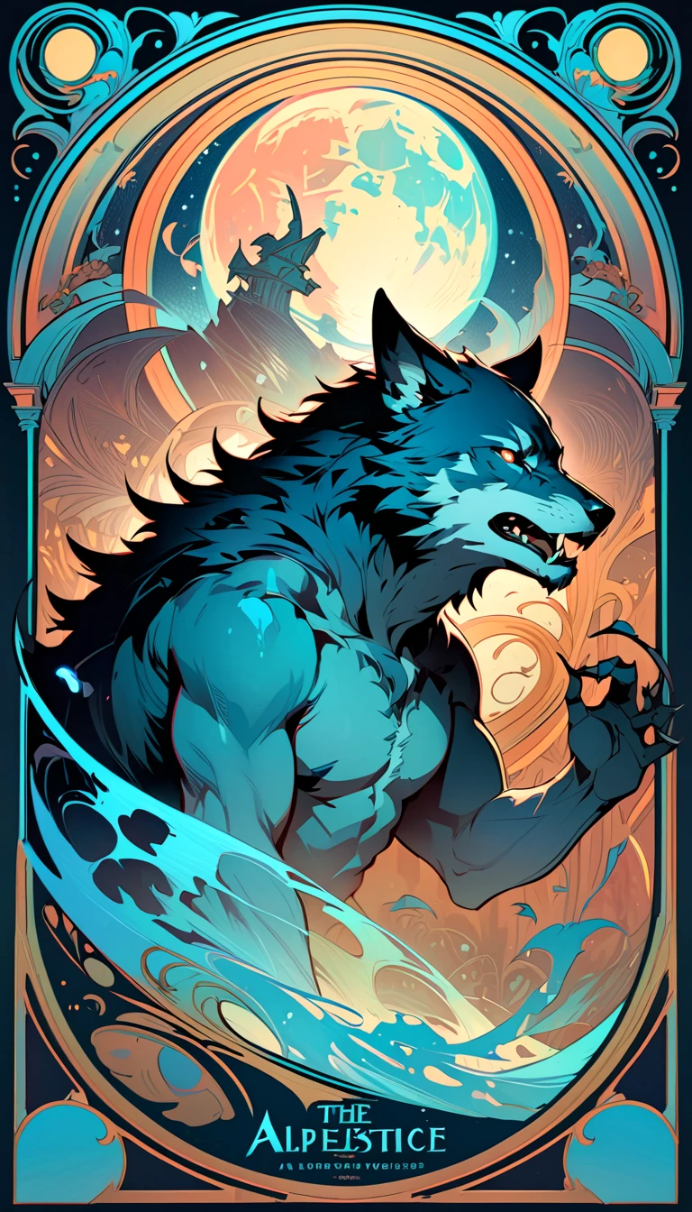  realistic , The theme is "werewolf",  full moon shines in the background , blue tone , Pain々 werewolf with a nice expression ,  clothes are torn and torn , London, Horror Scene, The sorrow of werewolves,  Refined Design ,  advanced lighting technology , a highly detailed portrait of a werewolf in the art style of Alphonse Mucha, side profile, full body, majestic pose, extremely detailed face and skin, chromatic aberration, prism, holographic, Color gradient, (best quality, high resolution, masterpiece), 8k, wallpaper