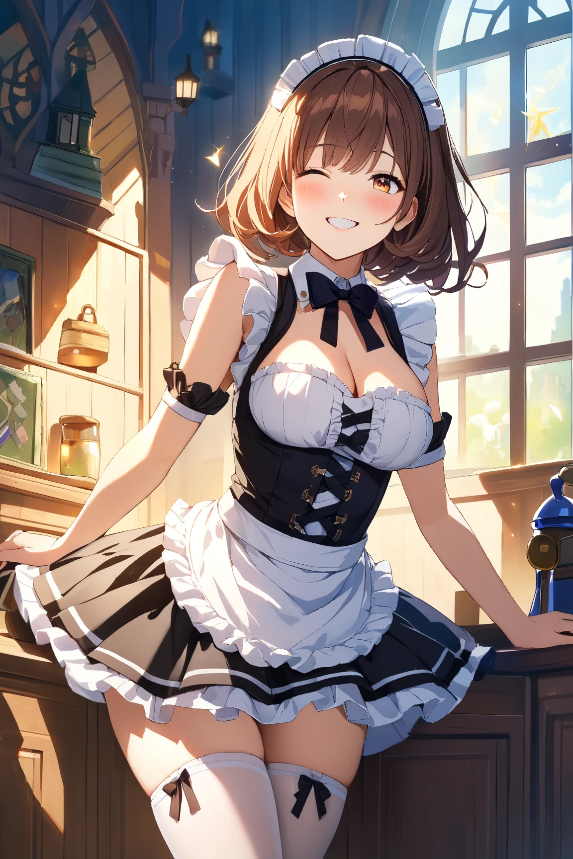 <lora:add_detail:0.3>,
masterpiece, best quality, (extremely detailed, absurdres, cg illustration, watercolor \(medium\)),
((1girl as kemonomimi maid with cat ears)) and
(detailed face and glossy detailed eyes),
(painterly, beautiful and delicate, depth of field), authentic, fine details, nsfw,
(solo, female focus, solo focus), empty hands,
(pantyshot, she wears maid uniform and maid apron and thighhighs),
(looking at viewer, blushing), light smile,
(midriff), bursting breasts, cleavage, upright,
indoors, renaissance, cowboy shot, medium shot,
(sharp, cel shading), outline, fantasy,