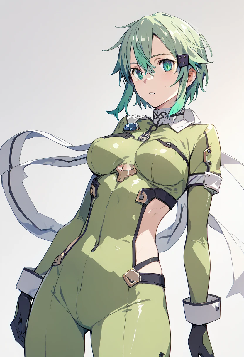 pt，1Girl，sinon， shiny bodysuit，GGO outfit ， anime style， light blue-green hair