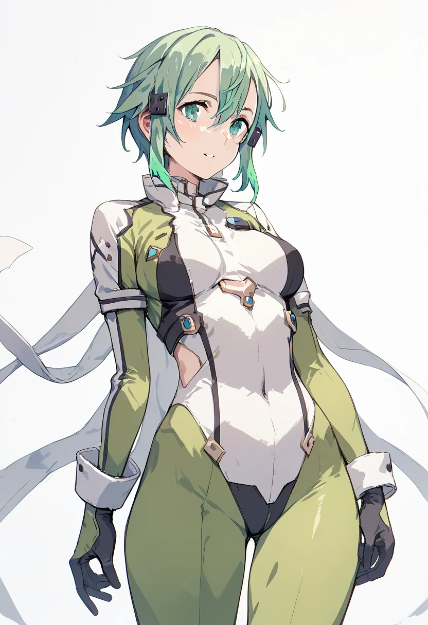 pt，1Girl，sinon， shiny bodysuit，GGO outfit ， anime style， light blue-green hair