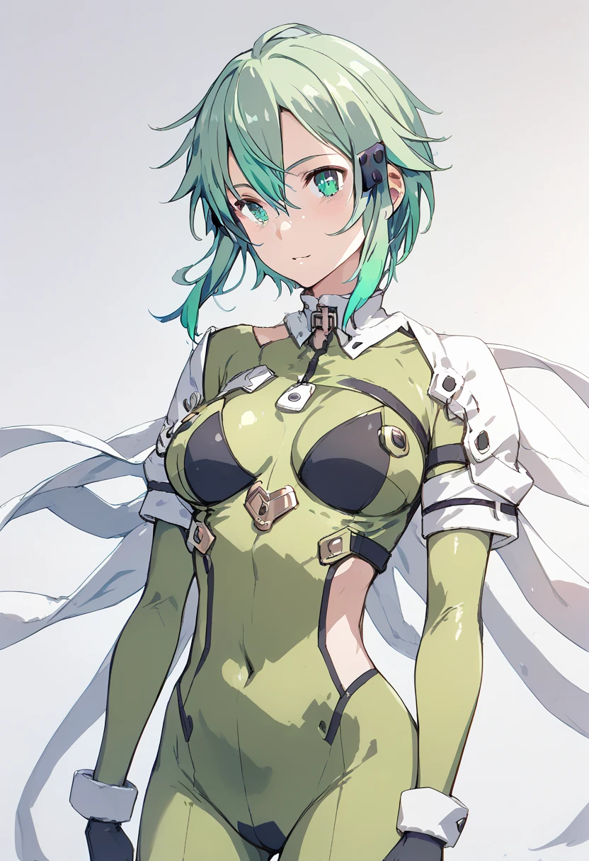 pt，1Girl，sinon， shiny bodysuit，GGO outfit ， anime style， light blue-green hair