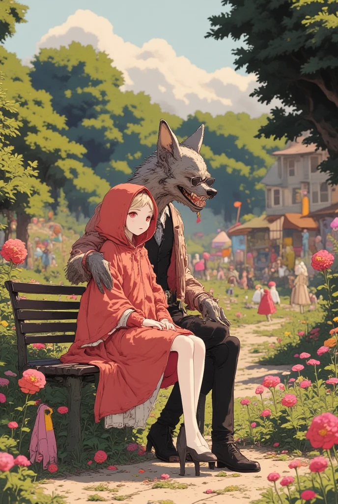 (werewolf\(silver wolf,bald head, muzzle, fang,sharp teeth,long nail, wolf body,aged, tired, businessman, worn-out suit, wear glasses,silver fur\) eating lunch at the bench in a park).(little red riding hood\(wearing red-hood,cute girl, from fairy-tail\) sitting next to him boreing). The park is a nice day and families are playing. safe for work.great focus at werewolf, bokeh,niji style