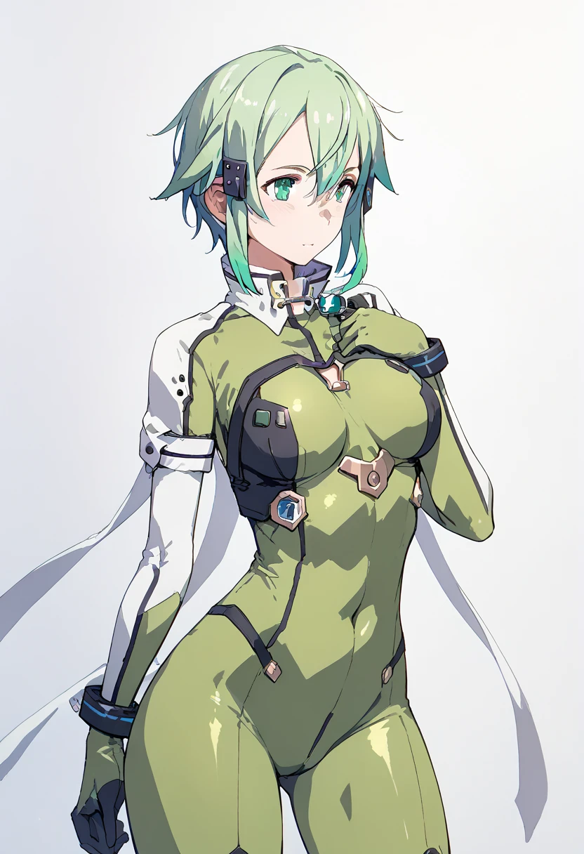 pt，1Girl，sinon， shiny bodysuit，GGO outfit ， anime style， light blue-green hair