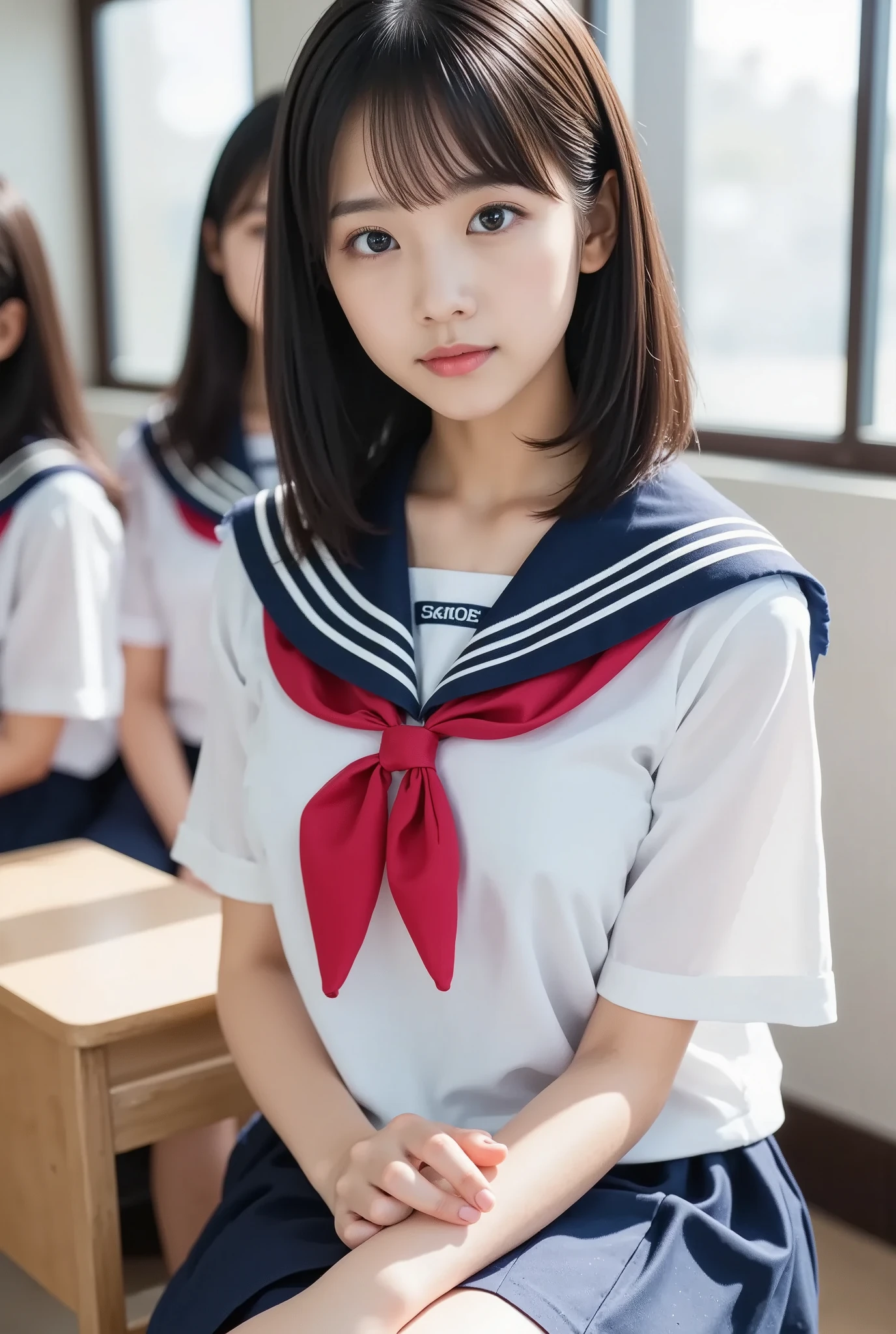 (nsfw: 1.5),(8k,   photorealistic,   RAW photos ,  Max image  : 1.4),    Japanese high school girls in the town of Utsunomiya、( short hair)、smile, Super detailed face  、 attention to detail、  double eyelid  、   sharp concentration:1.2、(like々Shii, first time々Shii, Super cute face like a popular idol:1.4), 美Shii女性:1.4、(  black hair)、 top quality、 smaller breasts,  Beautiful and sexy slim figure,     Masterpiece   、  super high resolution 、(  photorealistic:1.4)、 A beautiful, meticulously crafted  、 プロのライティングで照らされたsmile、( white sailor school uniform:1.2)、 navy blue pleated skirt , Beautiful thighs、 upper body,  Portraits,(The background is a school classroom)